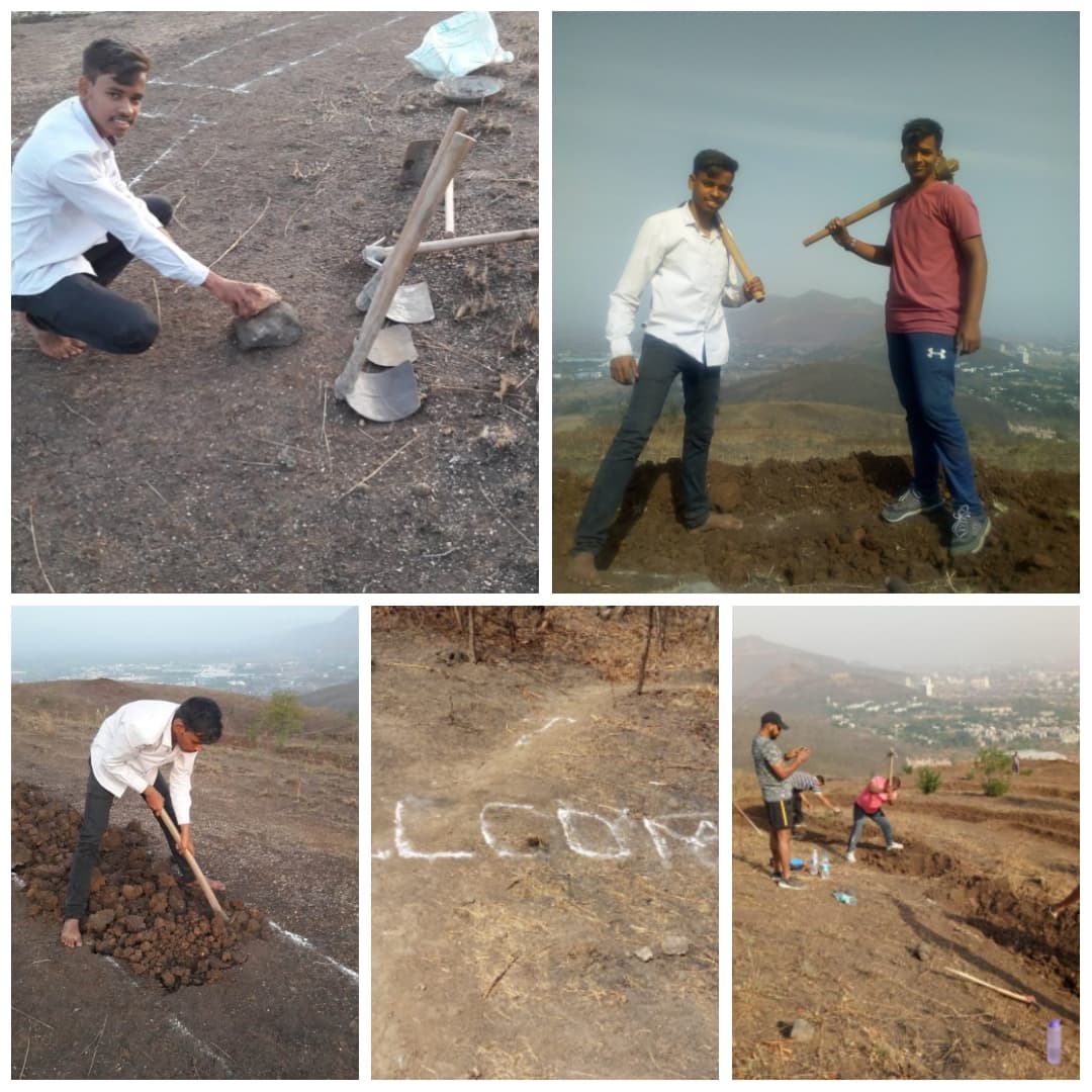 Volunteers on hilltop with tools for Laghu Wan
